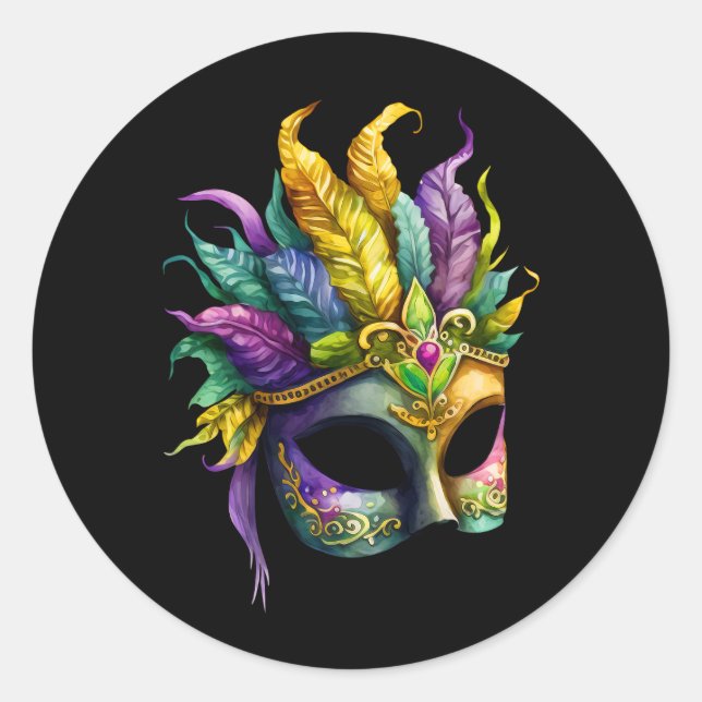 Mardi Gras Mask on Black Round Sticker (Front)