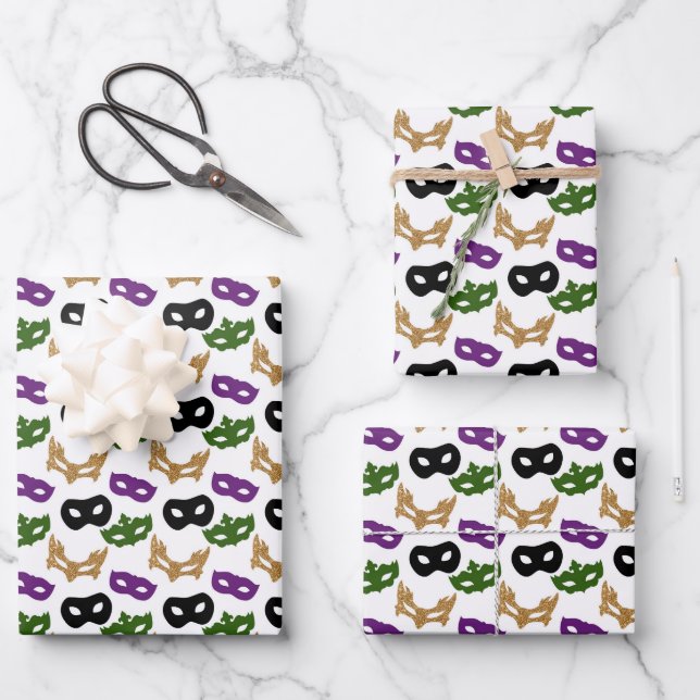 Mardi Gras Mask Purple Green Faux Gold Black Wrapping Paper Sheet (Front)