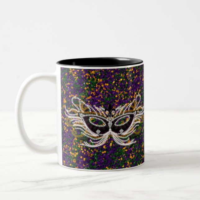 Mardi Gras Mask Purple Green Gold Glitter Two-Tone Coffee Mug (Left)