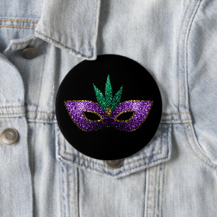 Mardi Gras Mask Purple Green Gold Sparkles black 4 Inch Round Button