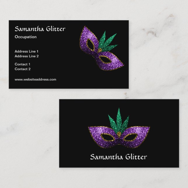Mardi Gras Mask Purple Green Gold Sparkles Black Business Card (Front/Back)