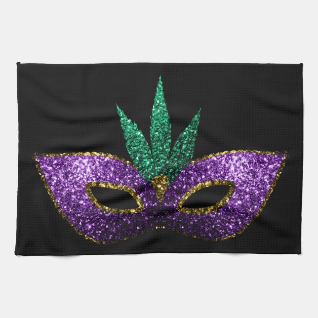 Mardi Gras Mask Purple Green Gold Sparkles black Kitchen Towel (Horizontal)