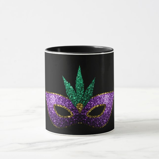 Mardi Gras Mask Purple Green Gold Sparkles black Mug (Center)