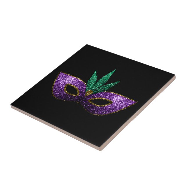 Mardi Gras Mask Purple Green Gold Sparkles black Tile (Side)