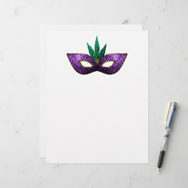 Mardi Gras Mask Purple Green Gold Sparkles paper (Front/Back In Situ)