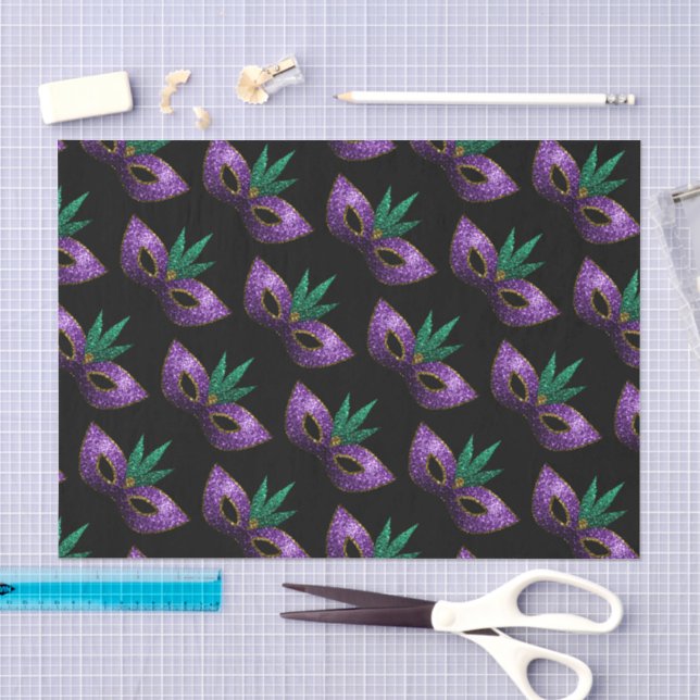 Mardi Gras Mask Purple Green Gold Sparkles pattern Tissue Paper (Craft)