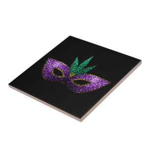 Mardi Gras Mask Purple Green Gold Sparkles Tile