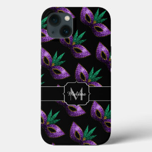 Mardi Gras Mask Purple Green Sparkles Monogram iPhone 13 Case