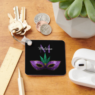 Mardi Gras Mask Purple Green Sparkles Monogram Keychain