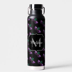 Mardi Gras Mask Purple Green Sparkles Monogram Water Bottle