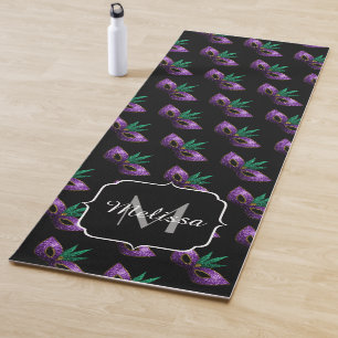 Mardi Gras Mask Purple Green Sparkles Monogram Yoga Mat