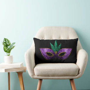 Mardi Gras Mask Purple Green Sparkles on black  Lumbar Pillow