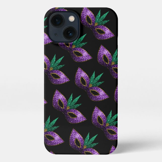 Mardi Gras Mask Purple Green Sparkles pattern iPhone Case (Back)