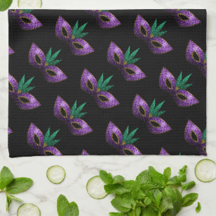 Mardi Gras Mask Purple Sparkles pattern black Kitchen Towel