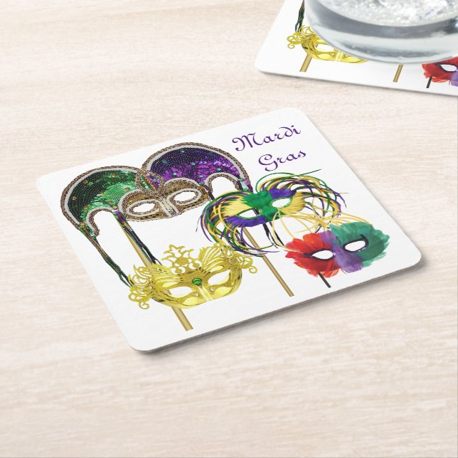 Mardi Gras Masks 1 Square Paper Coaster (Angled)