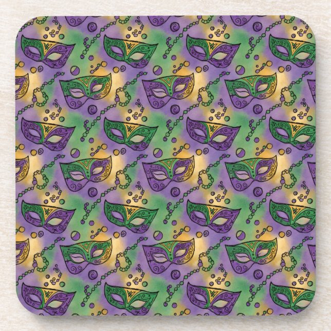 Mardi Gras Masks and Beads Purple Green Yellow Coaster (Front)