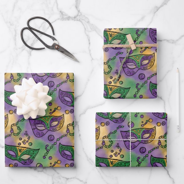 Mardi Gras Masks and Beads Purple Green Yellow Wrapping Paper Sheet (Front)