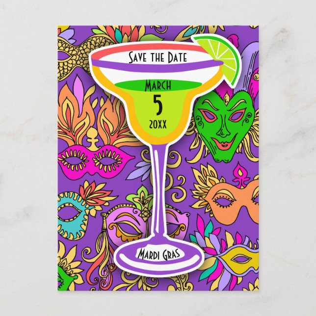 Mardi Gras Masks Colourful Martini Save the Date Invitation Postcard (Front)