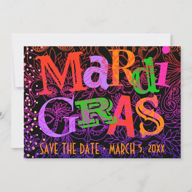 Mardi Gras Masks Colourful Typography Save the Dat Invitation (Front)