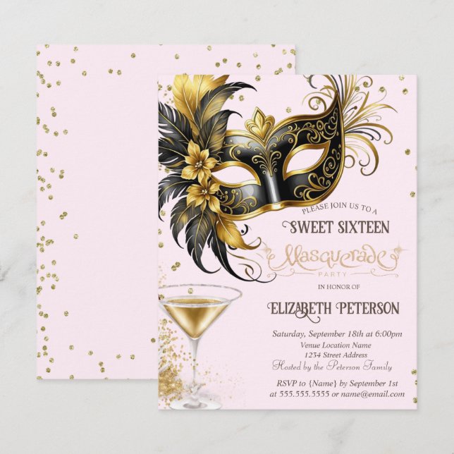 Mardi Gras Masque Diamonds Champagne Sweet 16   Invitation (Front/Back)