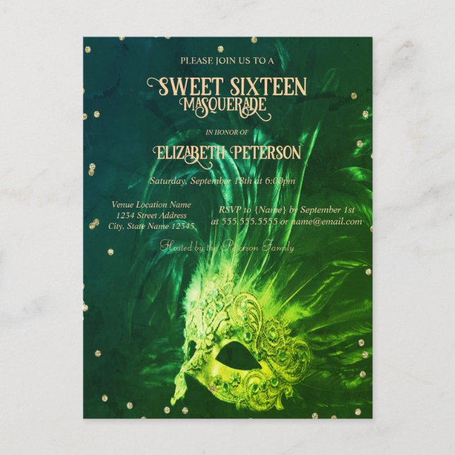 Mardi Gras Masque Diamonds Green Sweet 16  Invitation Postcard (Front)