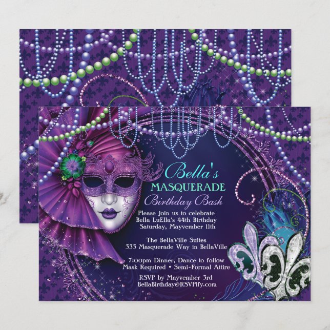 Mardi Gras Masquerade Anniversaire Invitations (Devant / Derrière)