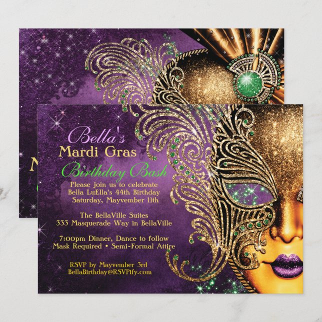 Mardi Gras Masquerade Anniversaire Invitations (Devant / Derrière)