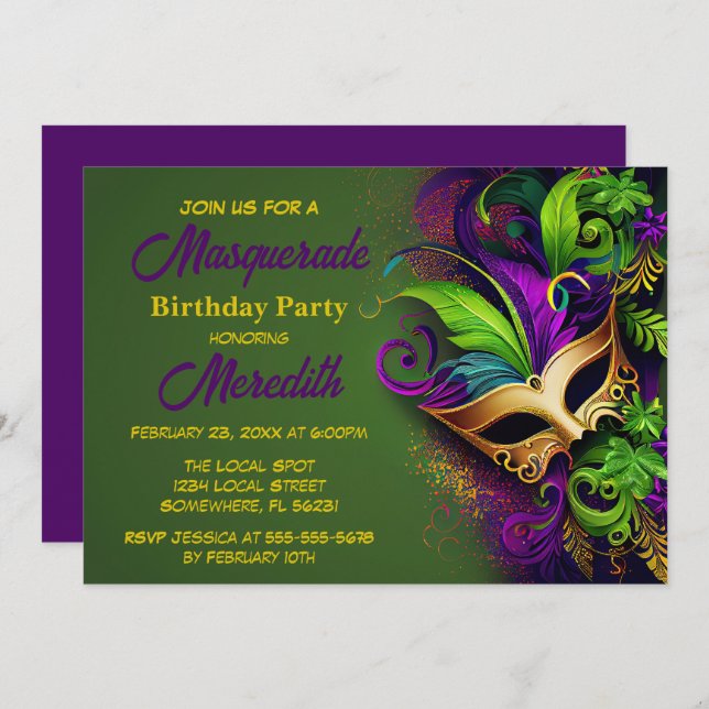 Mardi Gras Masquerade Birthday Party Invitation (Front/Back)