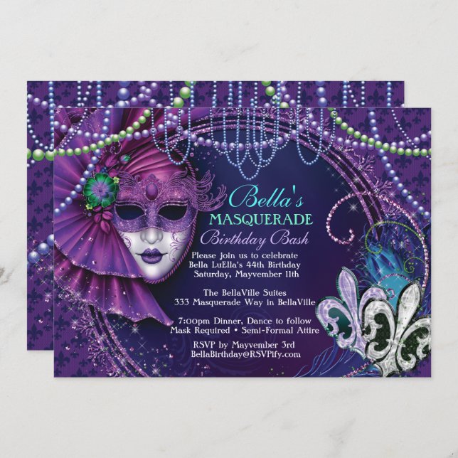 Mardi Gras Masquerade Birthday Party Invitations (Front/Back)