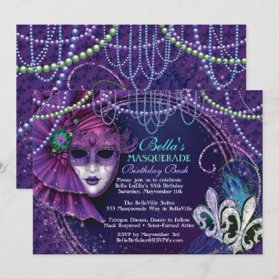 Mardi Gras Masquerade Birthday Party Invitations