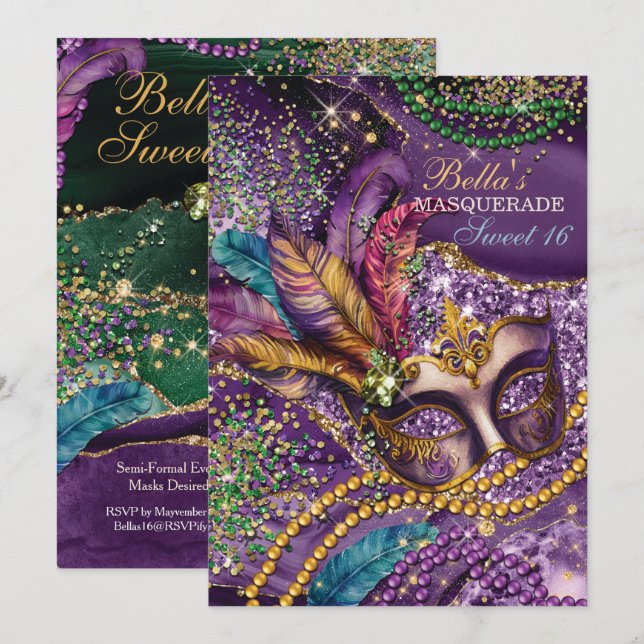 Mardi Gras Masquerade Birthday Party Invitations (Front/Back)