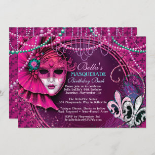 Mardi Gras Masquerade Birthday Party Invitations