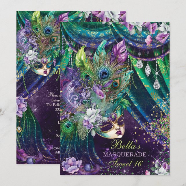 Mardi Gras Masquerade Birthday Party Invitations (Front/Back)
