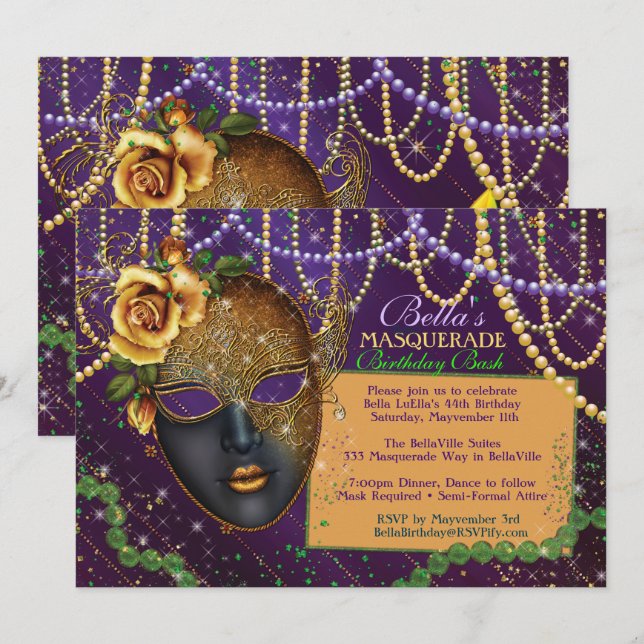 Mardi Gras Masquerade Birthday Party Invitations (Front/Back)