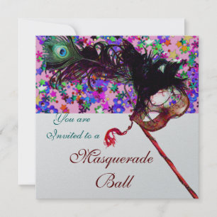 MARDI GRAS MASQUERADE & CONFETTI white pink silver Invitation