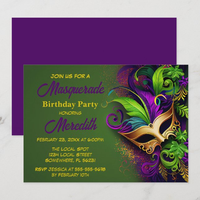 Mardi Gras Masquerade Invitation de fête d'anniver (Devant / Derrière)