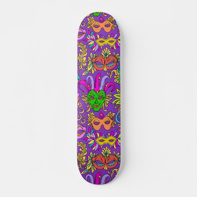 Mardi Gras Masquerade Mask Bright Purple Green Skateboard (Front)