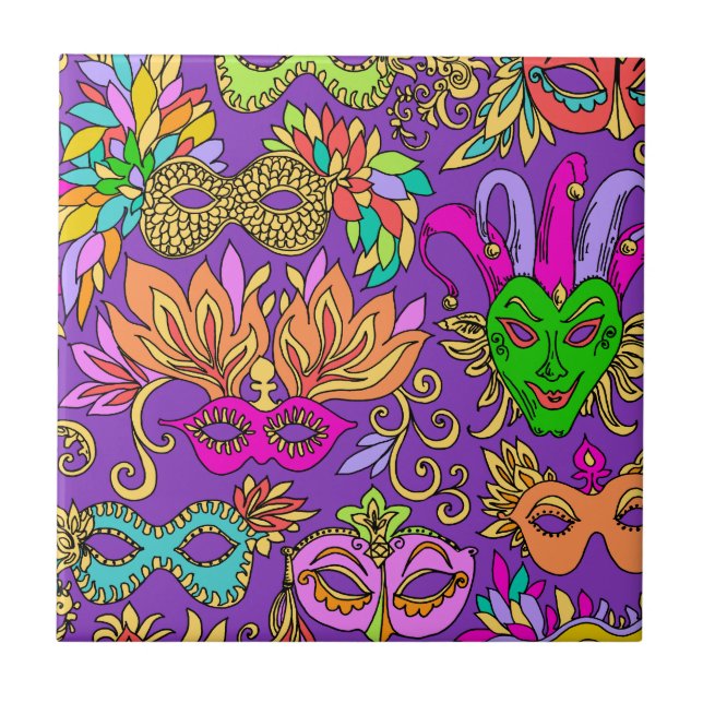 Mardi Gras Masquerade Mask Bright Purple Green Tile (Front)