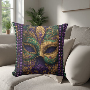 Mardi gras Masquerade Mask Gold Bead Fleur-de-Lis Throw Pillow