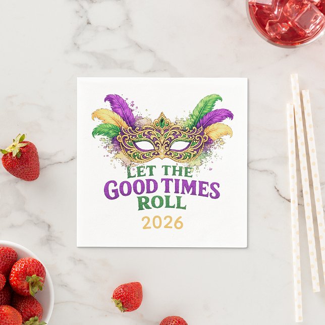 Mardi Gras Masquerade Mask Let The Good Times Roll Napkin (Celebrate 2026! Vibrant Mardi Gras napkins—personalize the year and let the good times roll)