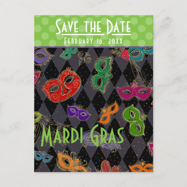 Mardi Gras Masquerade Masks Black Harlequin Invitation Postcard (Front)