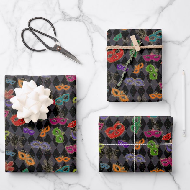 Mardi Gras Masquerade Masks Black Harlequin Wrapping Paper Sheet (Front)