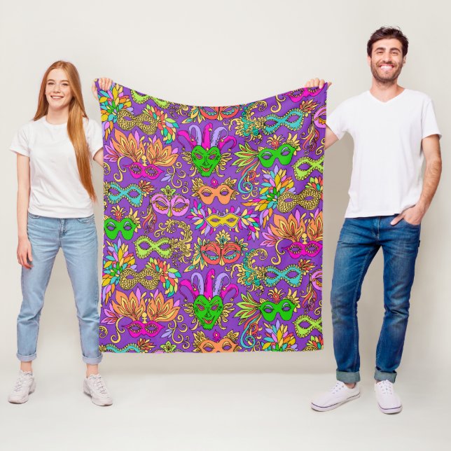 Mardi Gras Masquerade Masks Bright Purple Green Fleece Blanket (In Situ)