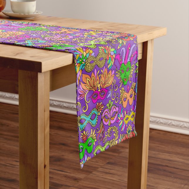 Mardi Gras Masquerade Masks Bright Purple Green Medium Table Runner (In Situ)