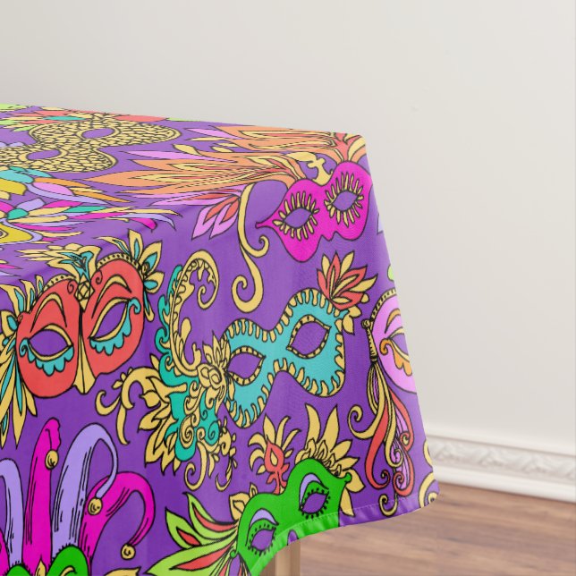 Mardi Gras Masquerade Masks Bright Purple Green Tablecloth (In Situ)
