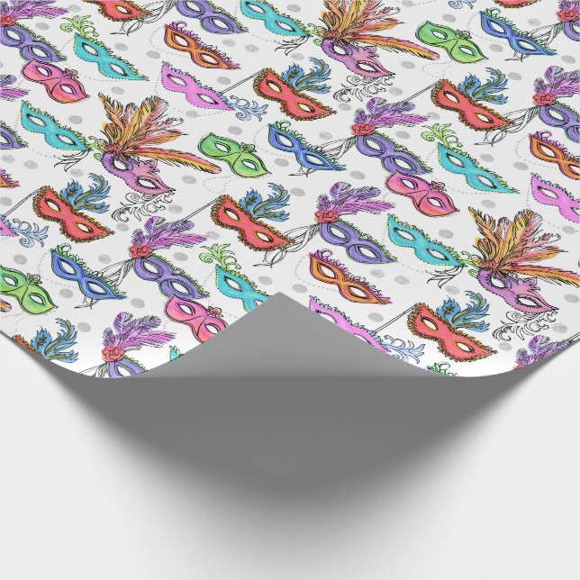 Mardi Gras Masquerade Masks Bright Watercolor Wrapping Paper (Corner)