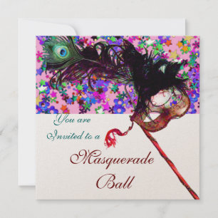 MARDI GRAS MASQUERADE MASKS,COLORFUL CONFETTI INVITATION