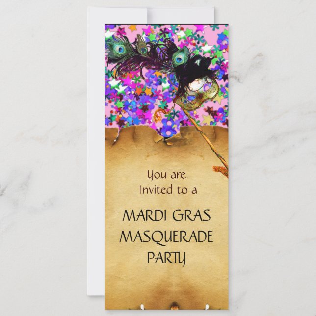 MARDI GRAS MASQUERADE  PARTY, blue red confetti Invitation (Front)