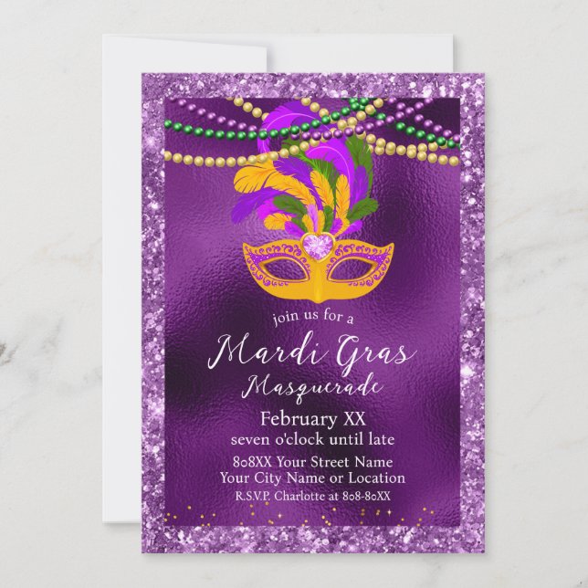 Mardi Gras Masquerade Party on Purple Invitation (Front)