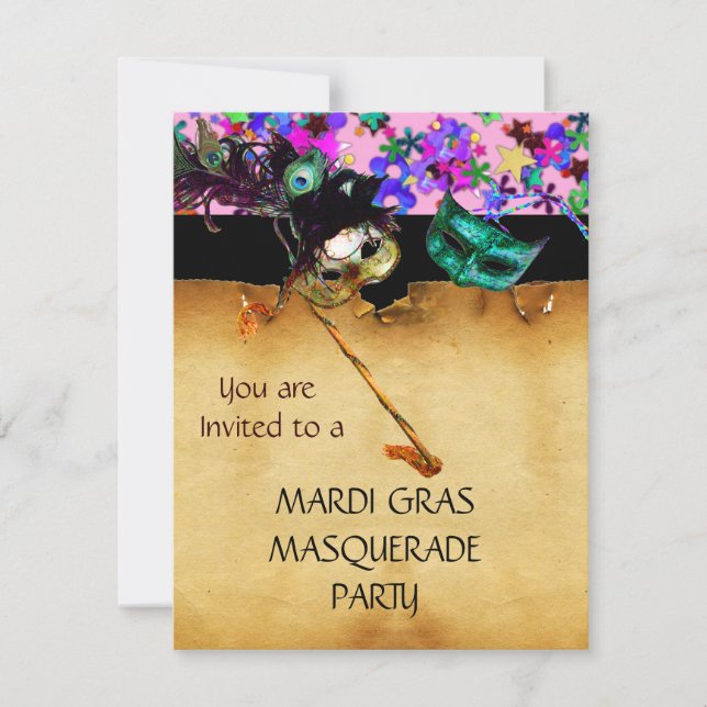 MARDI GRAS MASQUERADE PARTY, Yellow confetti Invitation (Front)